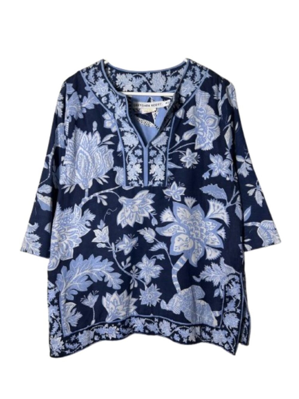Gretchen Scott blue floral print tunic top womens S vacation coastal